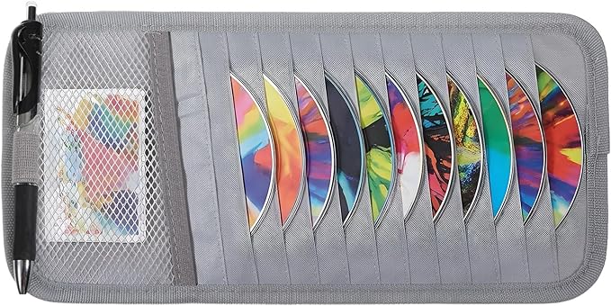 Visor CD Holder, Sun Visor CD Holder, Grey Car Visor CDs Holders with 12 Disc Sleeves 1 Mesh Pocket 1 Pen Holders & Elastic Strap