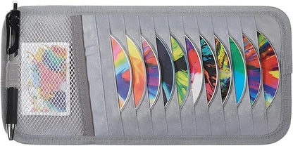 Visor CD Holder, Sun Visor CD Holder, Grey Car Visor CDs Holders with 12 Disc Sleeves 1 Mesh Pocket 1 Pen Holders & Elastic Strap