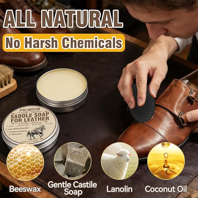 Saddle Soap for Leather with Sponge, All-Natural Leather Cleaner and Conditioner kit to Clean, Condition, Protect & Waterproof, Boots, Bags, Shoes, Furniture, Car & Jackets (4.23 oz)