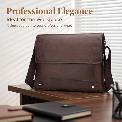 Vintage PU Leather Mens Messenger Bag - Slim Crossbody Shoulder Bag for Work, Travel & Daily Commute Casual Tablet Satchel