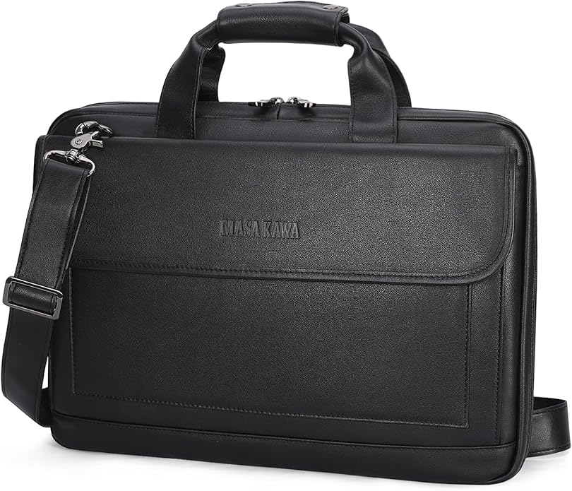 Masa Kawa Leather Briefcase for Men Slim 15.6" Laptop Bag Waterproof Crossbody Shoulder Messenger Computer Attache Case for Business Work, Black