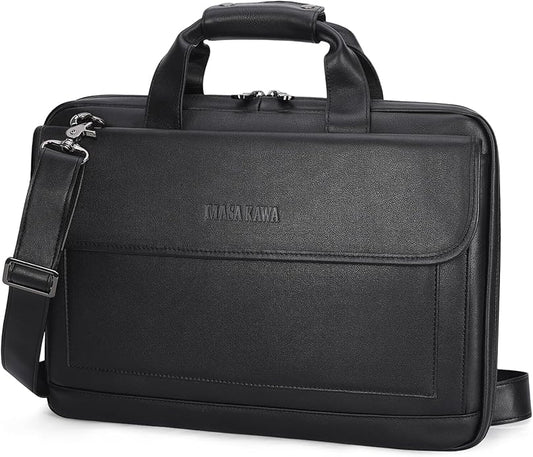 Masa Kawa Leather Briefcase for Men Slim 15.6" Laptop Bag Waterproof Crossbody Shoulder Messenger Computer Attache Case for Business Work, Black