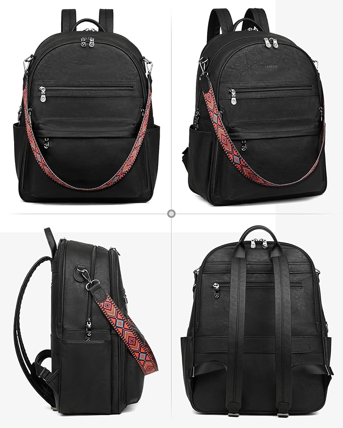 FADEON 15.6 inch Laptop Backpack Purse for Women Designer PU Leather Computer Backpacks Fashion for Work Travel Black