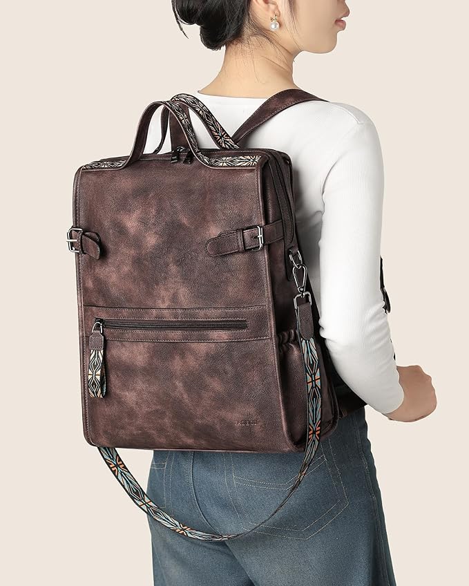 FADEON Leather Laptop Backpack for Women, Designer Ladies Work Travel Computer Backpack with Laptop Compartment Coffee Brown
