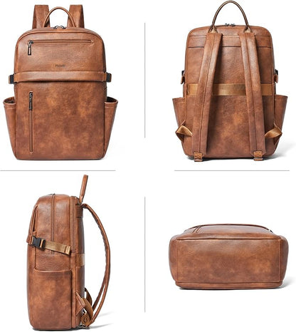 Leather Laptop Backpack for Women, 15.6 Inch Laptop Travel Backpack Purse Large Capacity Computer Bag, Casual Daypack Nurse Bag College Bookbag for School, Brown