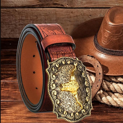 Western Cowboy-Belts for Men Big-Buckle Longhorn-Bull PU-Leather Rodeo Cowgirl-Belt Engraved Floral - Waist 25-38"