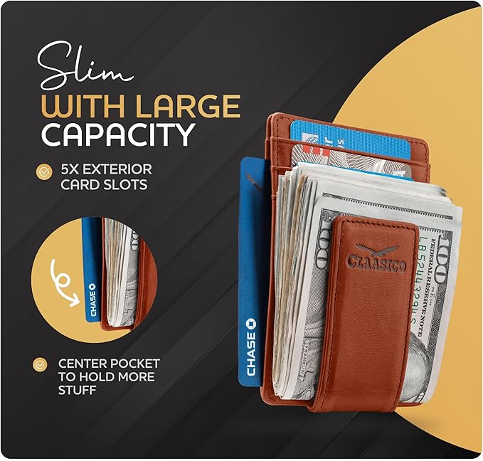 Claasico Men’s Leather Money Clip Wallet – Slim Front Pocket Wallet w/Super Strong Magnetic Clip, RFID Blocking, 5 Card Slots & Center Pocket + ID Window