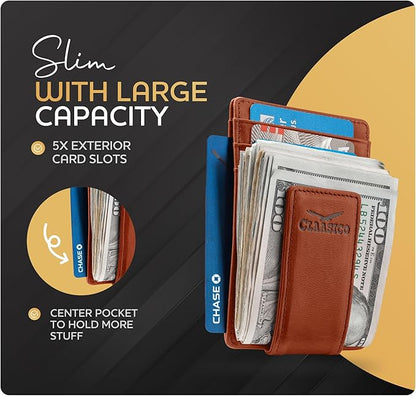 Claasico Men’s Leather Money Clip Wallet – Slim Front Pocket Wallet w/Super Strong Magnetic Clip, RFID Blocking, 5 Card Slots & Center Pocket + ID Window