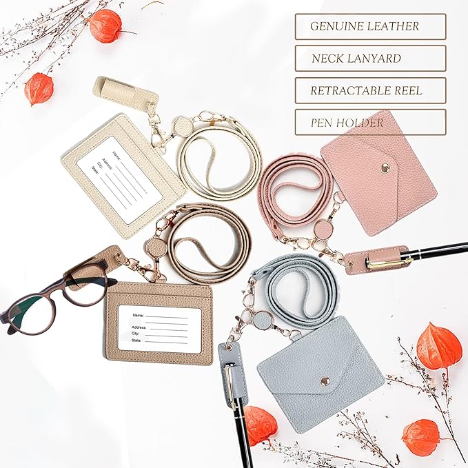 Office Badge Holder - Boshiho Genuine Leather Credit ID Card Holder with Stretch Neck Lanyard and Pen Clip (Horizontal-Grey)