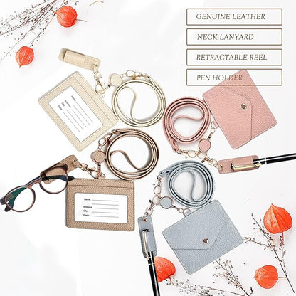 Office Badge Holder - Boshiho Genuine Leather Credit ID Card Holder with Stretch Neck Lanyard and Pen Clip (Horizontal-Grey)
