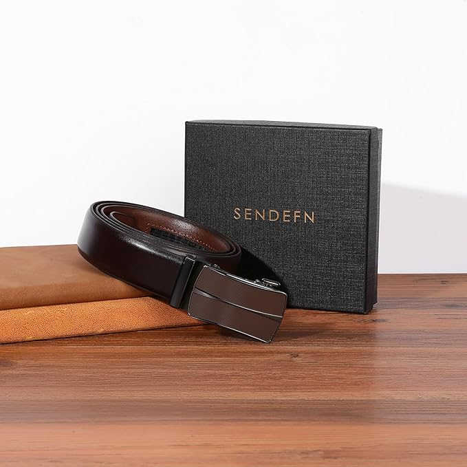 SENDEFN Men's Leather Belt - Automatic Ratchet Slide Buckle, Easy Trim-to-Fit Function, Packaged with Gift Box