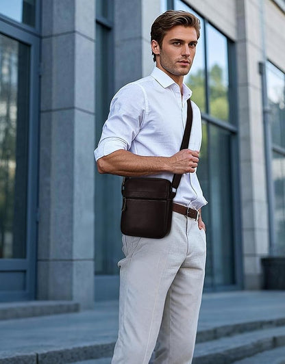 Leathario Men's Crossbody Shoulder Bag, Genuine Leather Small Messenger Satchel for Work Business Travel, Black Side Purse