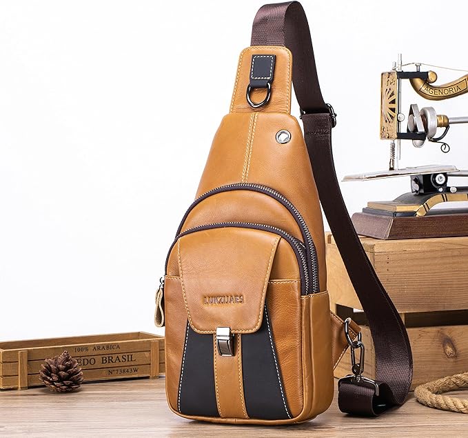 LUKZIJAES Genuine Leather Sling Bag for Men Vintage Crossbody Bag Men Chest Pack Mens Cross Shoulder Bags Hiking Daypacks Travel Backpack (#2-Brown)