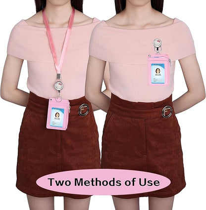 【2025 New】 Cute ID Badge Holder Retractable Lanyard Reel Clip with Heavy Duty Carabiner,5 Card Slots in2 Sided with Key Ring and Zipper for Students Teens Boys Girls Office Staff Women (01 Pink CatA)