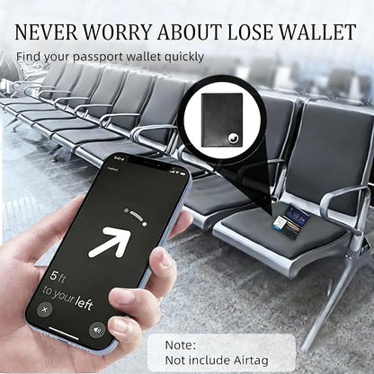 oriver Airtag Passport Holder with RFID Blocking, Slim Leather Passport Cover with AirTag Slot, Bifold Travel Wallet with 4 Cards Slots & Tickets & Cash, Black