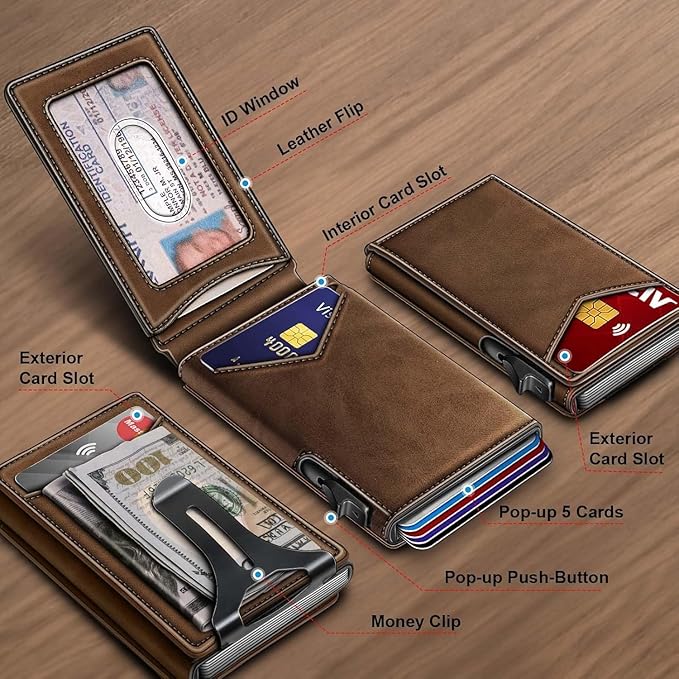 Genuine Leather Wallet for Men Slim Magnetic Flip Bifold with Money Clip and Metal Card Case Holds 9 Cards Ideal for Gifts and Daily Use (Tiger Eye)