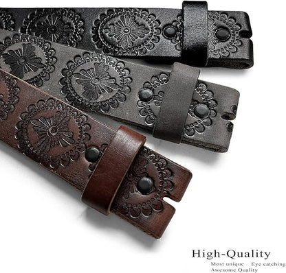 Cowboy Cowgirl Western Tooled Floral Embossed Full Grain Genuine Leather Belt Strap 1-1/2"(38mm) Wide