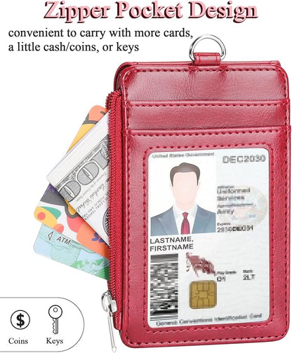 Teskyer Badge Holder with Side Zip Pocket, Multiple Card Slots Leather ID Holder Wallet with Neck Lanyard for Office Staffs, Teachers/Students, Couriers, Workers, Red