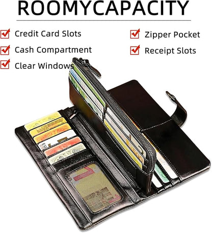 Genuine Crazy Horse Leather Travel Gift Coin Pocket Card Case Long Organizer Chain Rfid Wallet Purse With Snap For Men Male 1803 1815 (1803 Brown 26a)