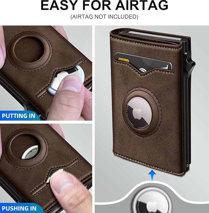 miyozi Airtag Wallet for Men,with Cash Pocket 2 ID Window 9-12 Cards,Metal Case Smart Slim Pop Up Credit Card Holder Flip with Magnetic Closure RFID Blocking Trifold wallet with Gift Box
