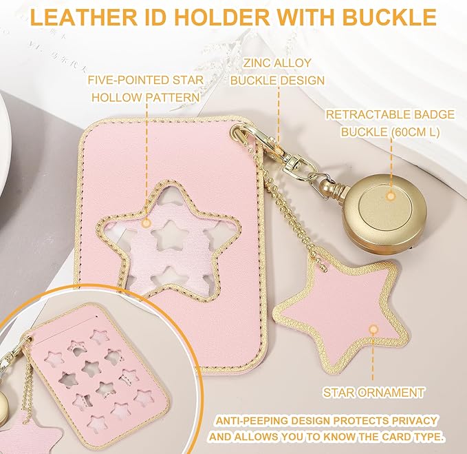 PATIKIL Retractable Badge Holders, 2 Pcs Cute Leather ID Holder with Badge Reels Keychain ID Card Clip Protector Cover for Women Work Office Business Trip, Pink/Light Blue