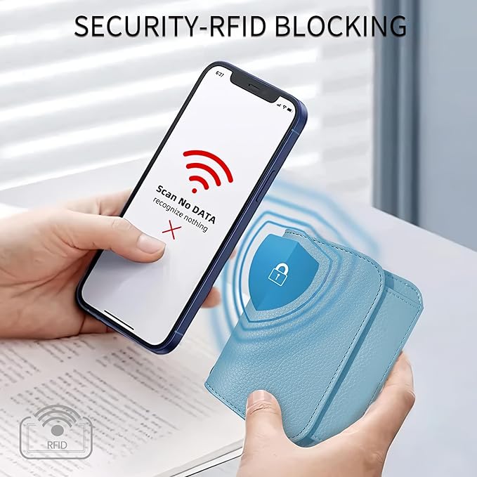 Women Small Wallet RFID Blocking Slim Wallet with Coin Pocket Tri-Fold Credit Card Holder with ID Window and Keychain (Blue)