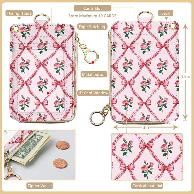 bolimoss Pink Bow Lanyard Wallet & ID Badge Holder, Cute Rose Florals Teacher Lanyard for ID Badge, Small Leather Wallet with Zipper Pocket, Badge Holder with Breakaway Neck Wrist Lanyards