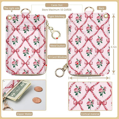 bolimoss Pink Bow Lanyard Wallet & ID Badge Holder, Cute Rose Florals Teacher Lanyard for ID Badge, Small Leather Wallet with Zipper Pocket, Badge Holder with Breakaway Neck Wrist Lanyards