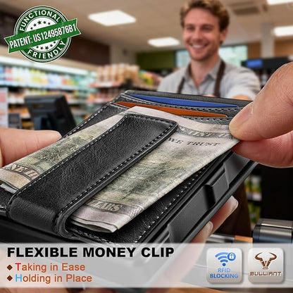 BULLIANT Men Wallet,Metal Case Money Clip with Grain Leather Flip 11 Cards-Pop-up Access Magetic Closure