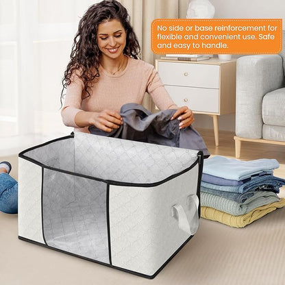 Fab totes 6 Pack Clothes Storage, Foldable Thick Fabric Blanket Storage Bags, Containers for Organizing Bedroom, Closet, Clothing, Comforter, Organization with Handle,Ivory White