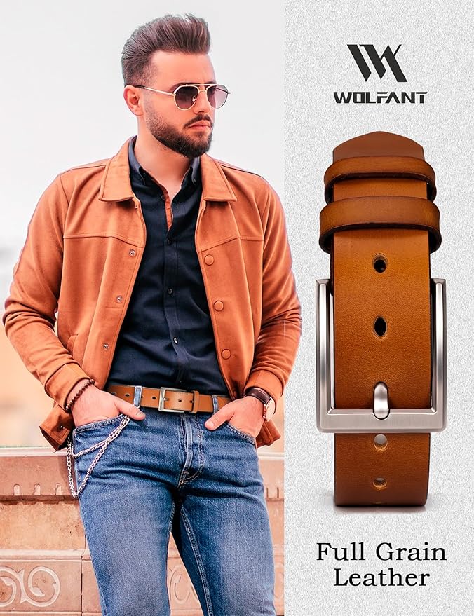 WOLFANT Men's 1.5" Full Grain Leather Belt,100% Italian Real Solid Leather