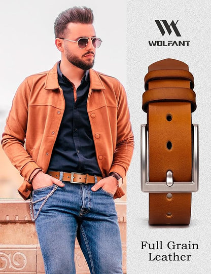 WOLFANT Men's 1.5" Full Grain Leather Belt,100% Italian Real Solid Leather