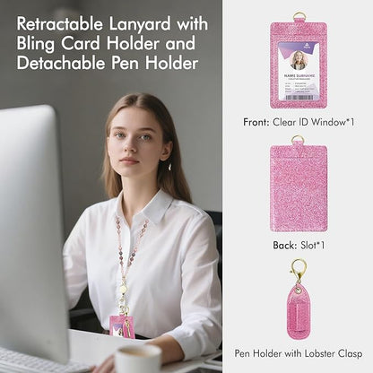 Azrra Lanyards for ID Badges and Keys, Natural Stone Beaded Teacher Lanyard with Bling ID Badge Holder and Pen Holder, Cute Retractable Badge Lanyard for Women (Pink)