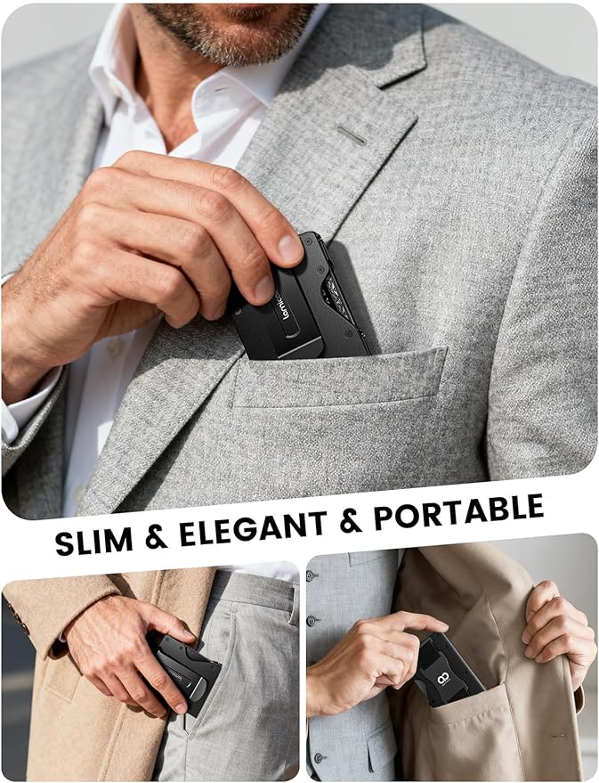 Lamicall Minimalist Carbon Fiber Wallet - Slim Metal RFID Blocking Card Holder with Mechanical Hinge (No Elastic) - Holds 15-20 Cards, Front Pocket EDC Gear for Men, Gift for Men, Metal Black