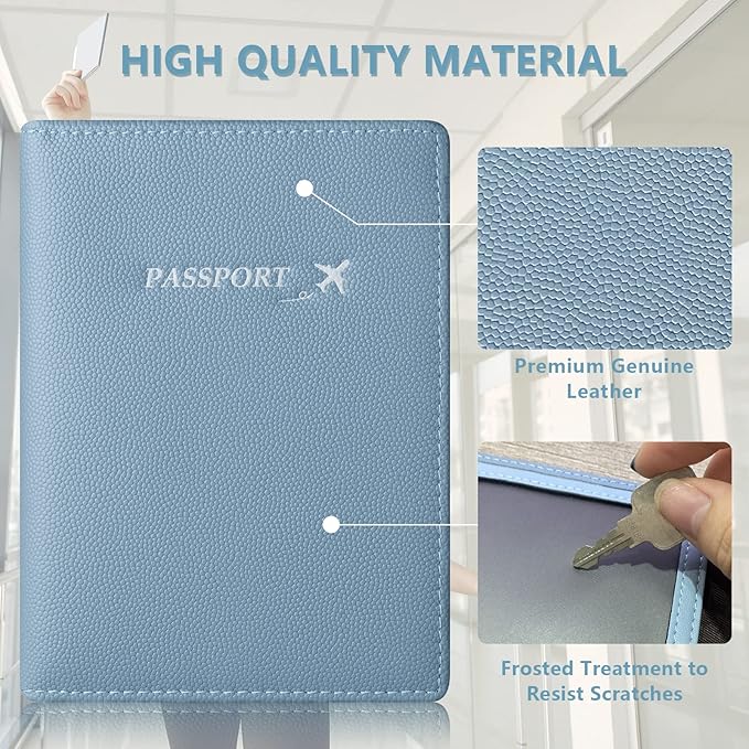 Genuine Leather Passport Cover Wallet, Ultra Slim Case with Vaccine Card Slot, RFID Blocking (Ice Blue)