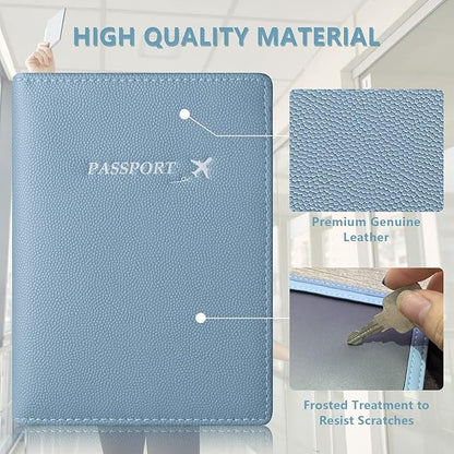 Genuine Leather Passport Cover Wallet, Ultra Slim Case with Vaccine Card Slot, RFID Blocking (Ice Blue)