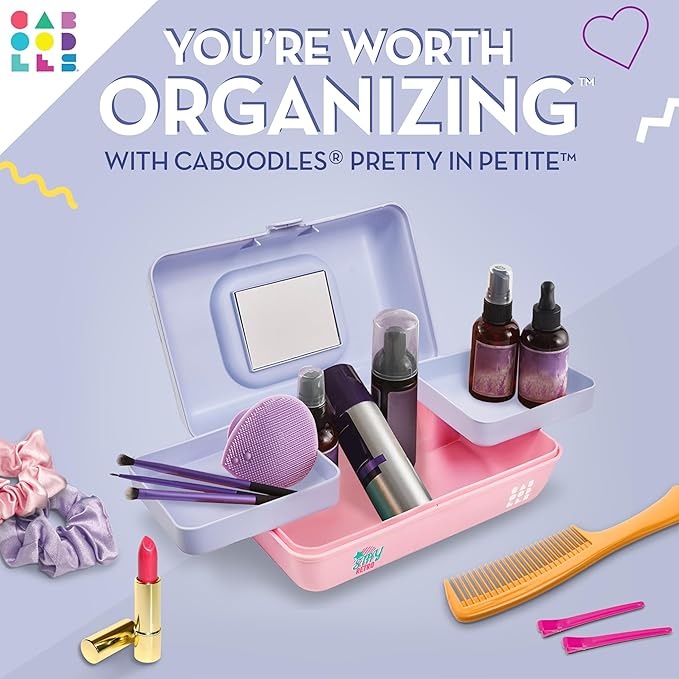 Caboodles Pretty in Petite Makeup Box, Two-Tone Periwinkle on Pink, Hard Plastic Organizer Box, 2 Swivel Trays, Fashion Mirror, Secure Latch for Safe Travel