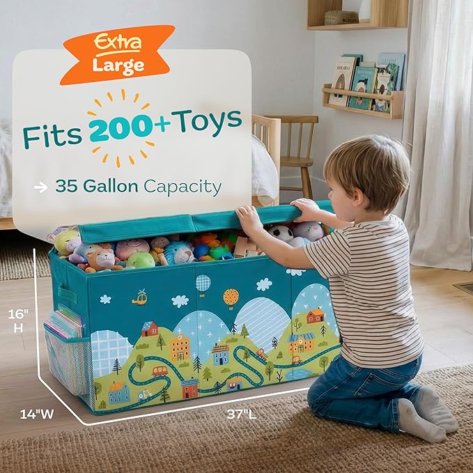 SoftOwl Extra Large Toy Storage Organizer with Lid - Sturdy, Collapsible Toy Chest Storage Box with Cute Design - Toys Bin with Dividers for Kids, Boys, Girls, Nursery, Bedroom, Play room 37"x16"x14"