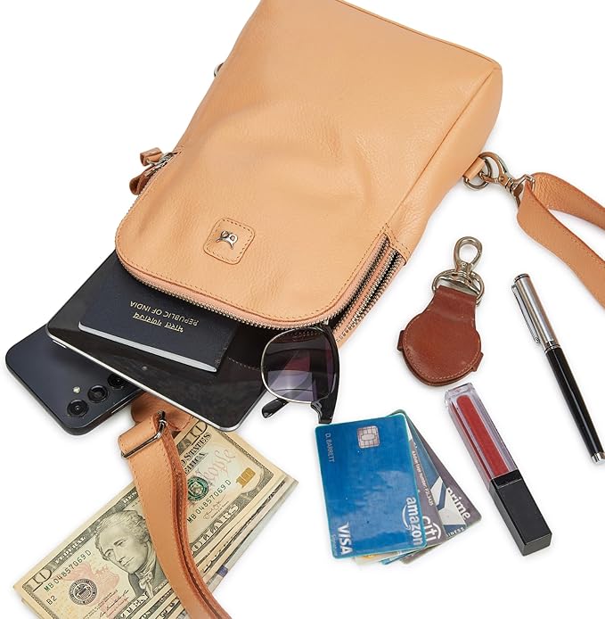 Leather Sling Bag for Women Genuine Crossbody Purse Small Trendy Cross Over Chest with Phone and Credit Card Slots (Peach Nappa)