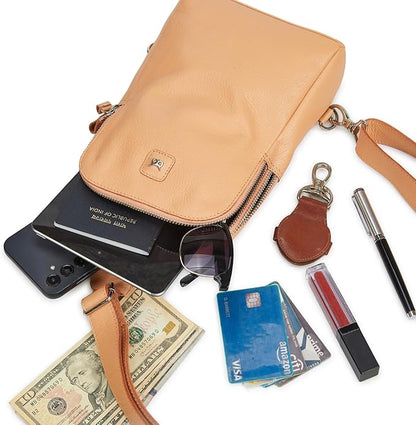 Leather Sling Bag for Women Genuine Crossbody Purse Small Trendy Cross Over Chest with Phone and Credit Card Slots (Peach Nappa)