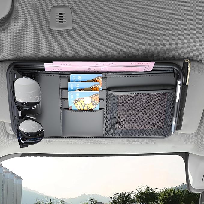 panthra 2pcs Car Visor Organizer, Sun Visor Organizer, Sunvisor Soft Leather Surface Eyeglasses Note Card Holder Car Storage Bag Suitable for Most Vehicles, Suv and Trucks Keep Clean (Black+Gray)