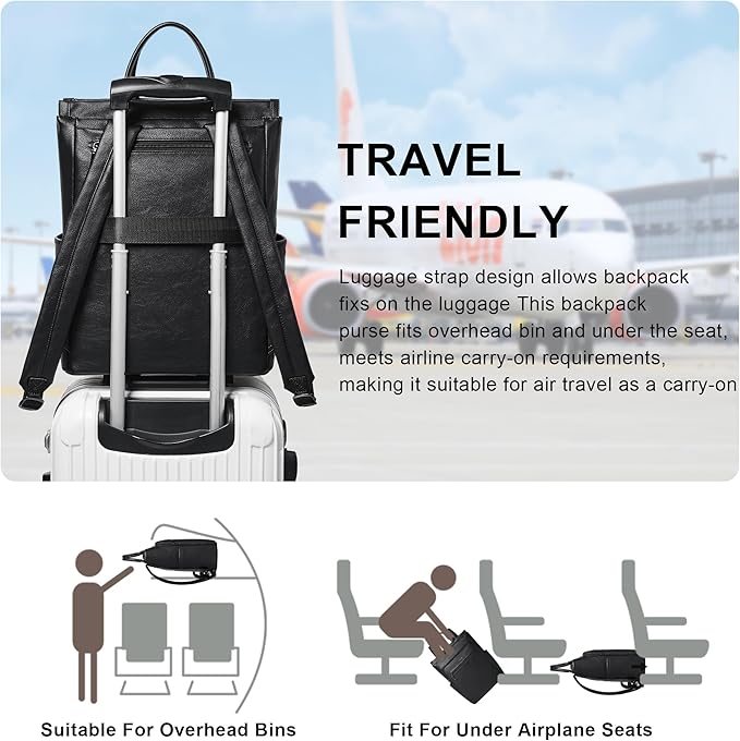 Leather Laptop Backpack for Women, Travel Backpack Purse Fits 15.6 Inch Laptop, Casual Daypack with Laptop Compartment for Teachers College Work Business Nurse Weekender, Black