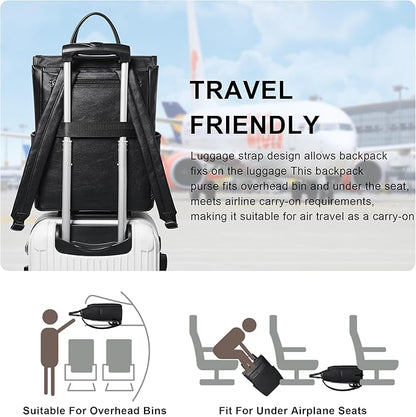 Leather Laptop Backpack for Women, Travel Backpack Purse Fits 15.6 Inch Laptop, Casual Daypack with Laptop Compartment for Teachers College Work Business Nurse Weekender, Black