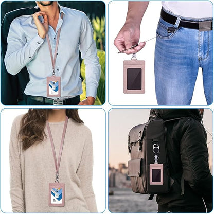 Wisdompro Retractable Badge Holder with Lanyard, Double Sided PU Leather ID Card Holder with Carabiner Badge Reel Clip and 18.8 inch Neck Lanyard - Rose Gold, Vertical