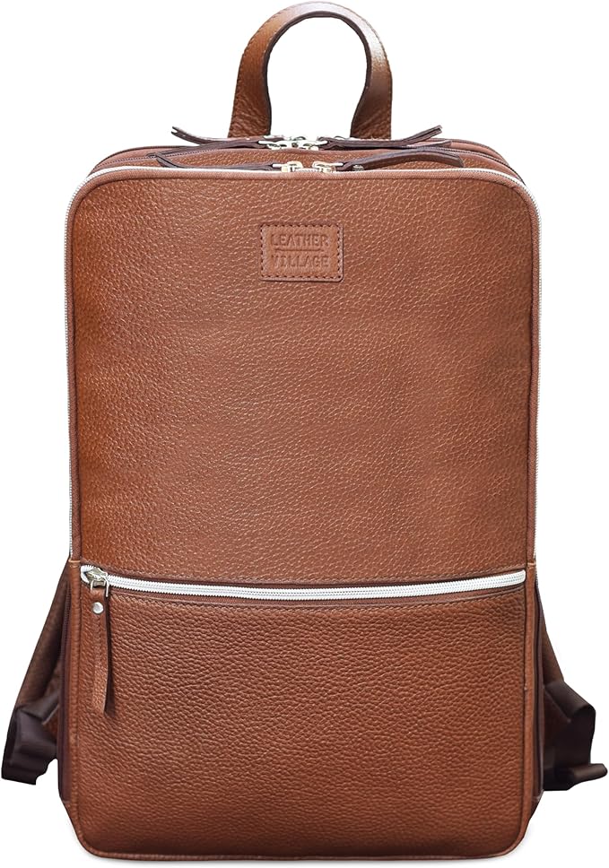 LEATHER VILLAGE Leather Laptop Backpack for Men | Cognac Brown | Slim Professional Business Bag Fits 15.6”-Laptop | Water-Repellent Work & Travel Daypack with Trolley Strap