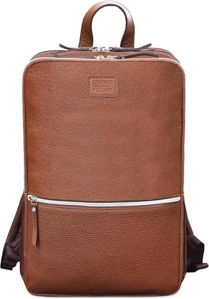 LEATHER VILLAGE Leather Laptop Backpack for Men | Cognac Brown | Slim Professional Business Bag Fits 15.6”-Laptop | Water-Repellent Work & Travel Daypack with Trolley Strap