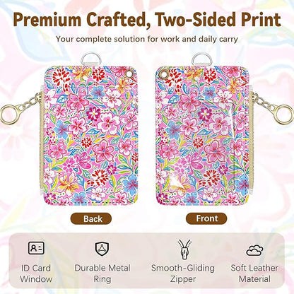 Flower Leather Badge Holder with Zipper Pocket, Beautiful Work Lanyards and 1 Zip Pocket and 4 Card Slots, Breakaway Lanyards with Metal Clasp for Offices, Staff, Adult, Employees