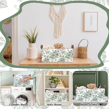 Boao 3 Pcs Sage Green Floral Storage Bin Collapsible Large Storage Baskets for Gifts Canvas Laundry Basket Foldable Box with Handle for Office Home Bedroom Clothes