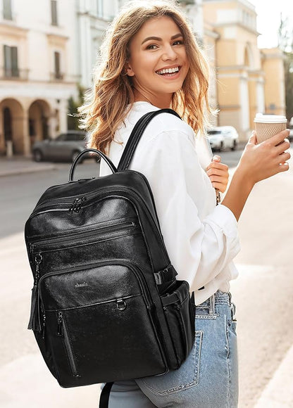 Shrrie Vegan Leather Laptop Backpack for Women,17 Inch Computer Backpack Purse for Work Business College Travel Teacher Nurse with Anti-theft Pocket & Giant Tumbler Holder Pocket,Black