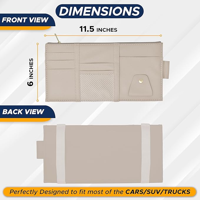 EcoNour Car Sun Visor Organizer (Beige) | Multi-Pocket Net Zipper Case for Cash, Card, Pen & Sunglass | Visor Organizer Storage Pouch | Interior Accessories with Pocket for Car & Truck | Small